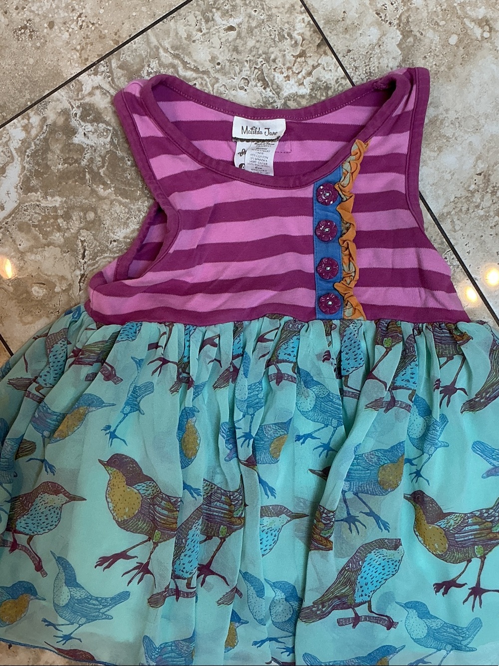 Matilda Jane Pink Striped Top with Teal Bird-Print Skirt